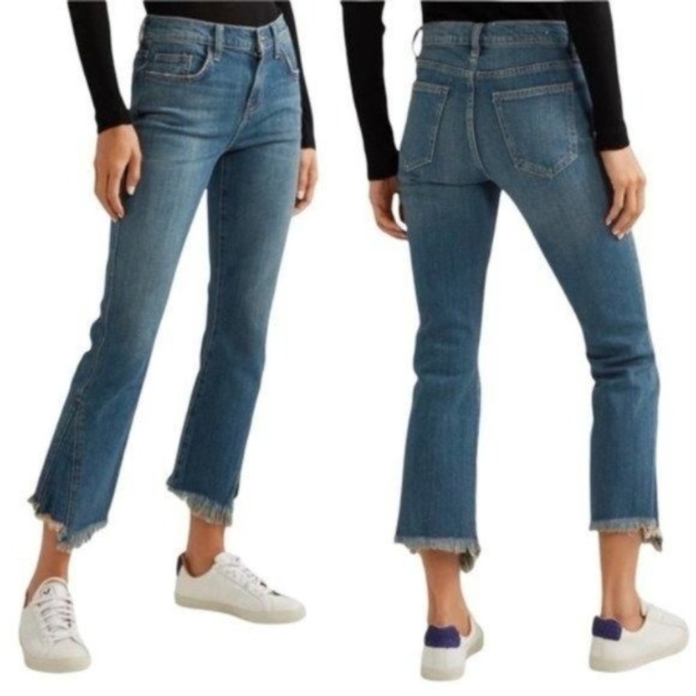 Current/Elliott The Fan Kick Distressed Crop Flare Jeans Blue Size 25